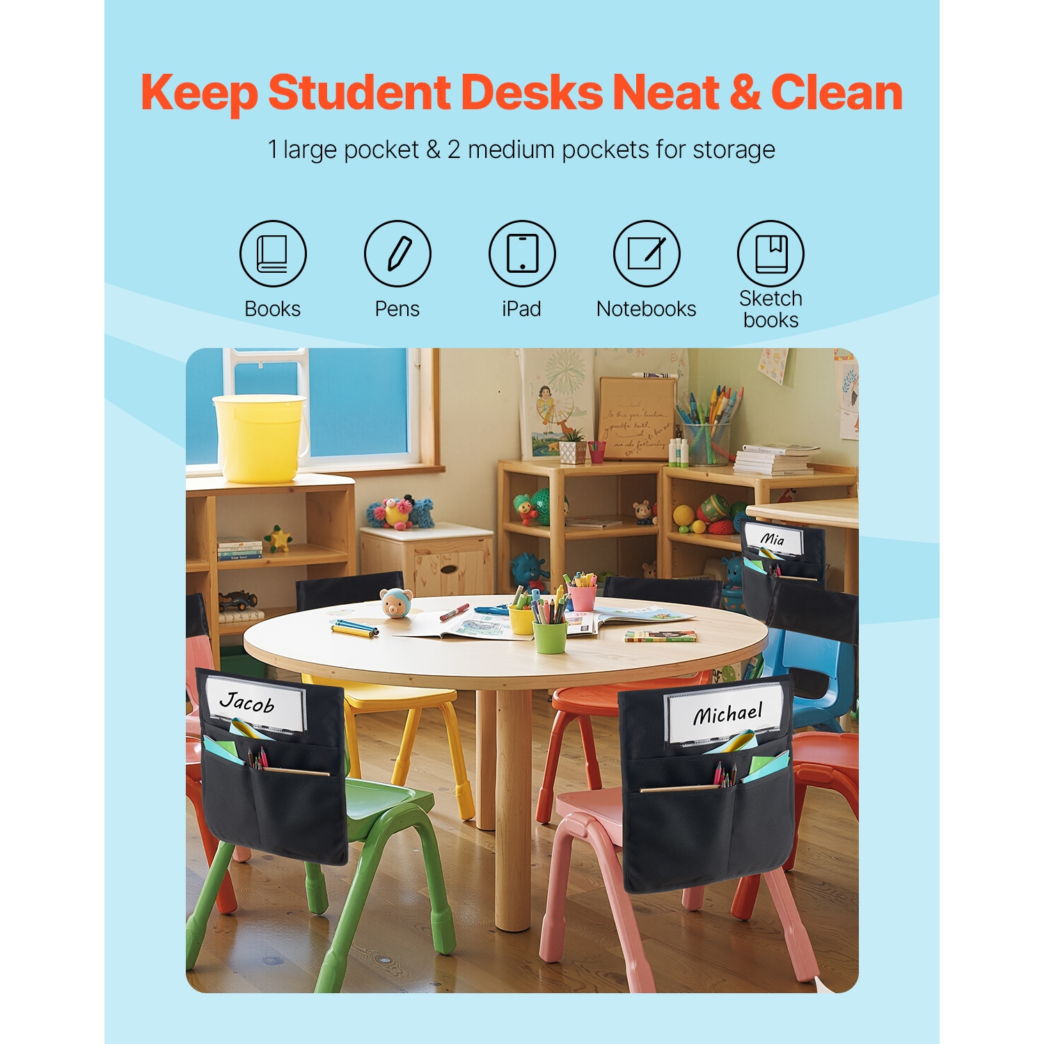 Black Classroom Seat Pockets With Name Tags For Organising Sets_voghion.com